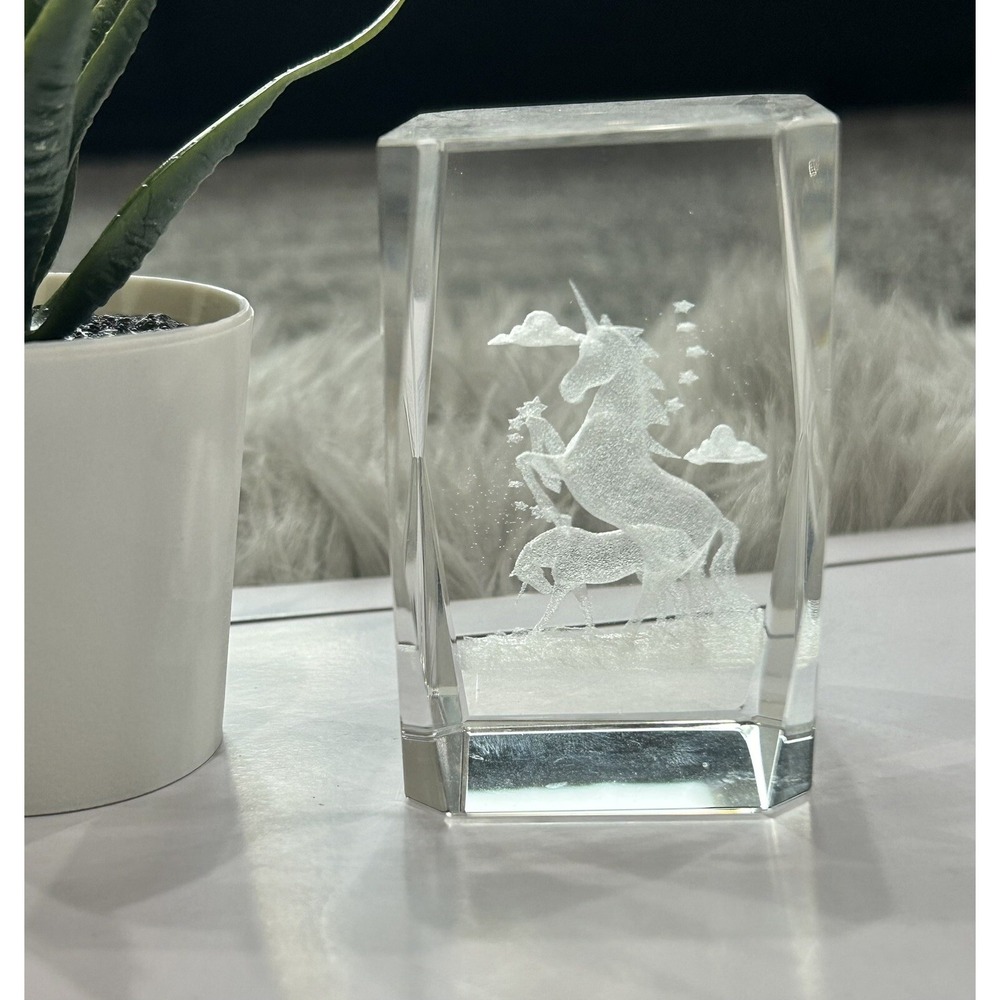Unicorn Laser Etched Crystal Glass Paperweight‎ Holographic 3D 3" Tall